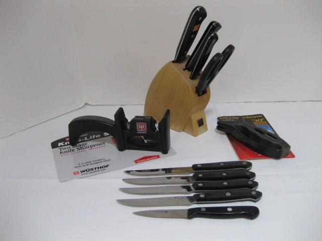 Wusthof Wood Knife Block, Knives and Sharpener: .