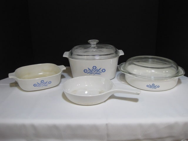 Corning Ware Blue Cornflower Casserole Dish and White Skillet: round lid has chips on rim, some utensil marks