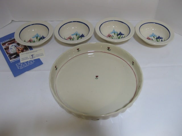 Emerson Creek Pottery Handpainted Bowls and Hartstone Stoneware Quiche Baker: Bowls 5 3/4"dia x 1 3/4"h(slight crazing), Quiche 10 1/2"dia