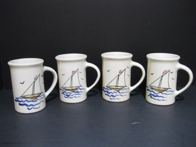 Four Emerson Creek Pottery Mugs with Sailboat Designs: 4 1/2"h, slight crazing