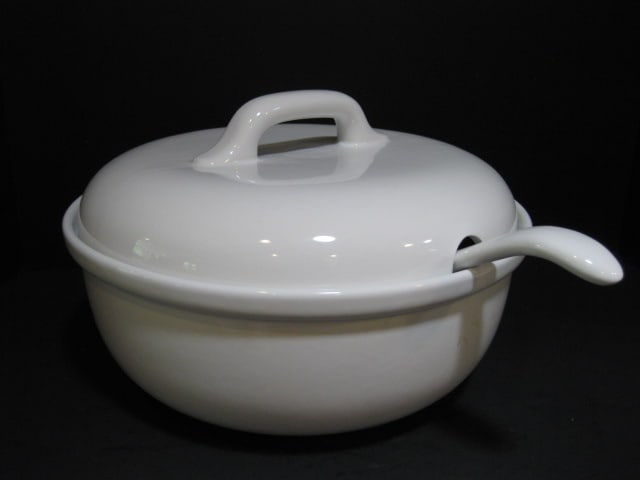Over and Back Portugal Pottery Tureen with Ladle: 12"dia x 7 1/4"h