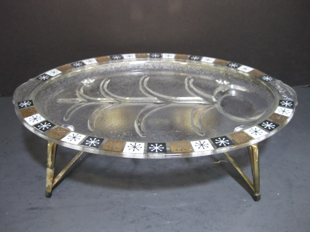 Midcentury Inland Glass Atomic Design Tree Meat Tray with Metal Warming Stand: 14 3/4" x 10 3/4" x 3 1/2"