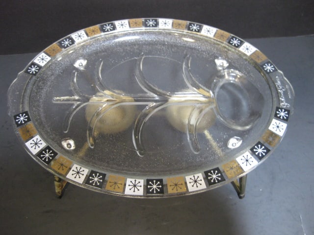 Midcentury Inland Glass Atomic Design Tree Meat Tray with Metal Warming Stand - 2