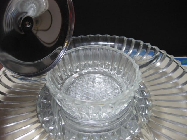 Midcentury Stainless Chip & Dip, Oval Tray and Kromex Lazy Susan Chip & Dip Set - 12