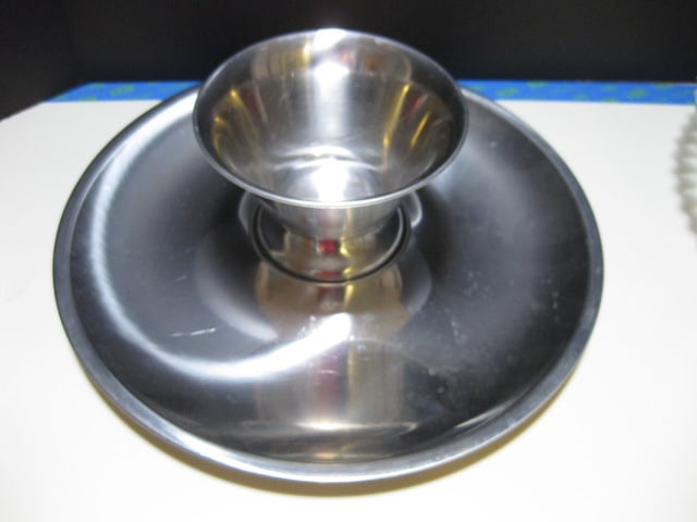 Midcentury Stainless Chip & Dip, Oval Tray and Kromex Lazy Susan Chip & Dip Set - 6