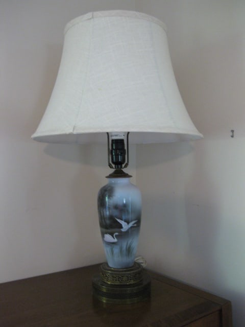 Hand Painted Porcelain Table Lamp with Swan Lake Scene: 27"h, Local Pickup Only
