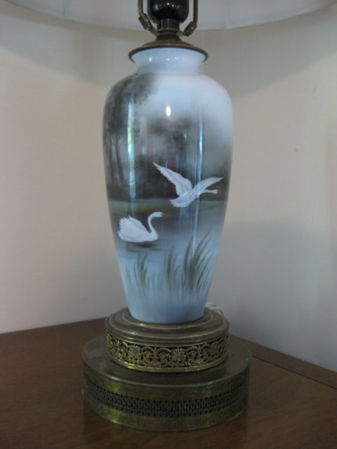 Hand Painted Porcelain Table Lamp with Swan Lake Scene - 2