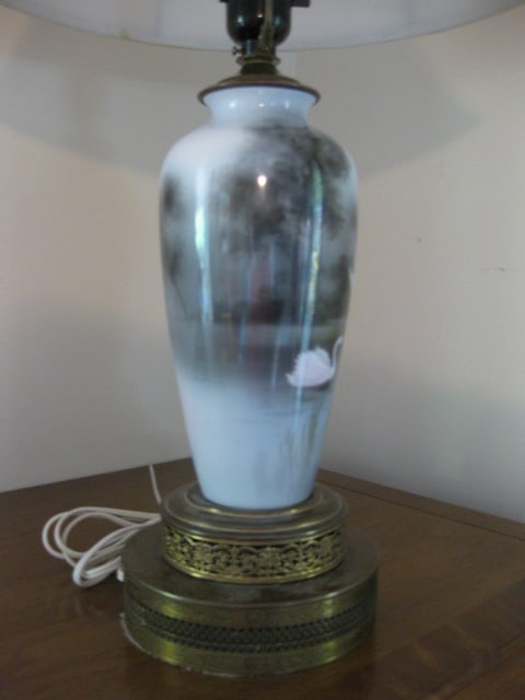 Hand Painted Porcelain Table Lamp with Swan Lake Scene - 4