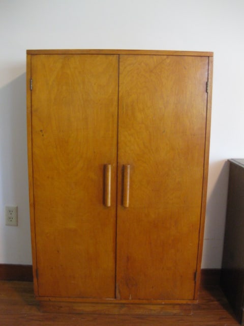 Wood 2 Door Cabinet: 30" x 11 3/4" x 47", some veneer damage on doors, some scuffs, Local Pickup Only