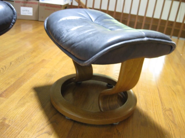 Ekornes Stressless Navy Blue Leather Chair and Ottoman - 11