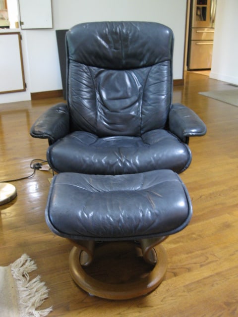 Ekornes Stressless Navy Blue Leather Chair and Ottoman: Chair 35"w, ottoman 20 1/2" x 15" x 17", ottoman has some use wear to finish, Local Pickup Only