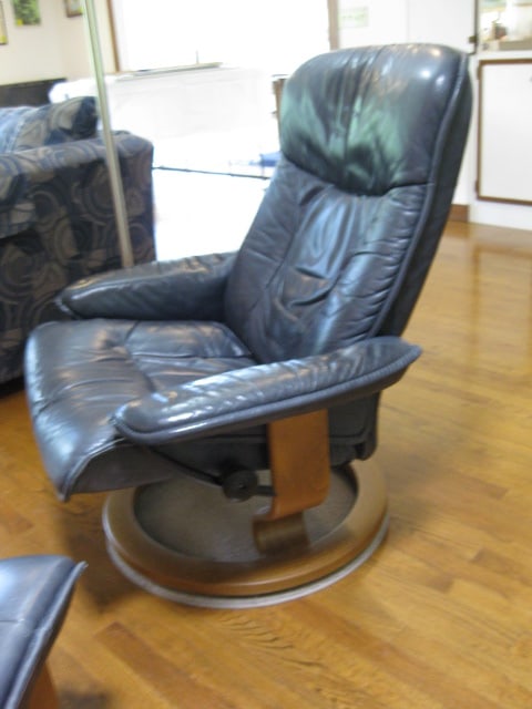 Ekornes Stressless Navy Blue Leather Chair and Ottoman - 3