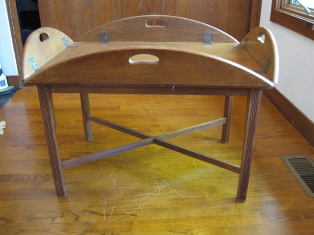 Wood Butler Table: 33" x 22" x 23 1/2", hinges have some corrosion enabling leaves to go down completely, some water marks, Local Pickup Only