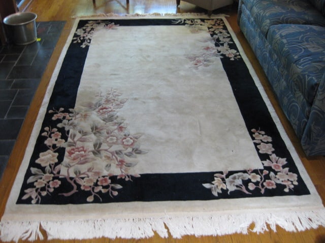 Hand Woven Floral Design Ivory with Black Border Wool Area Rug: 5'-6" x 8'-6", has appraisal from 1989 for $2,175.00 Local Pickup Only