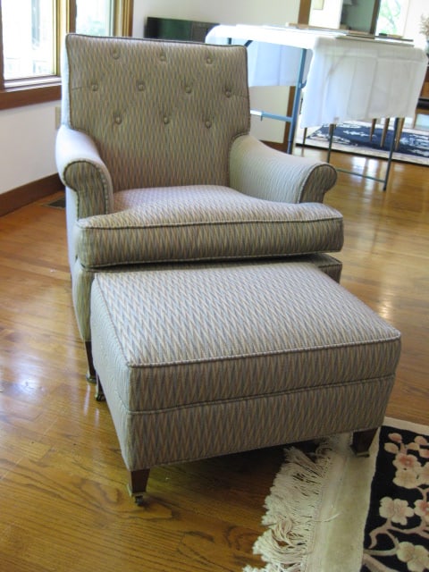 Southern Tier Upholstery Midcentury Armchair with Matching Ottoman: Chair 30"w, ottoman 22 1/2" x 16 1/2" x 13 1/2", ottoman has brass casters, Local Pickup Only