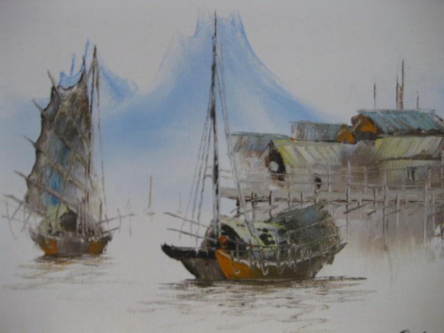Framed Tang Ping Chinese Fishing Boat Canvas Artwork - 2