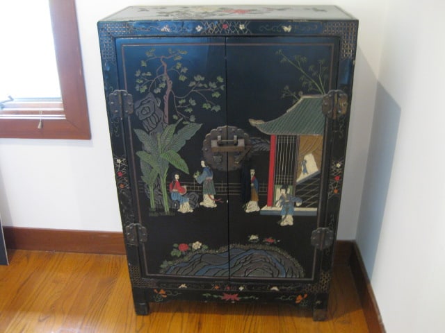 Handpainted Chinoiserie 2 Door Cabinet with Brass Chinese Lock: 24" x 12" x 36 1/4", Local Pickup Only