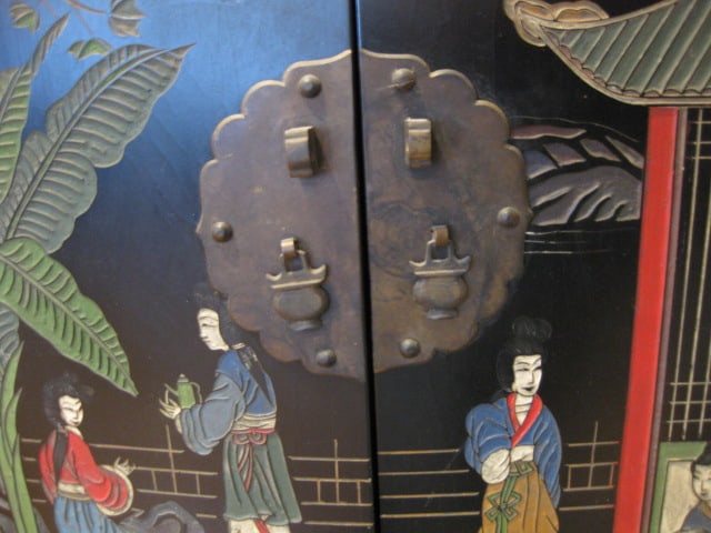 Handpainted Chinoiserie 2 Door Cabinet with Brass Chinese Lock - 5