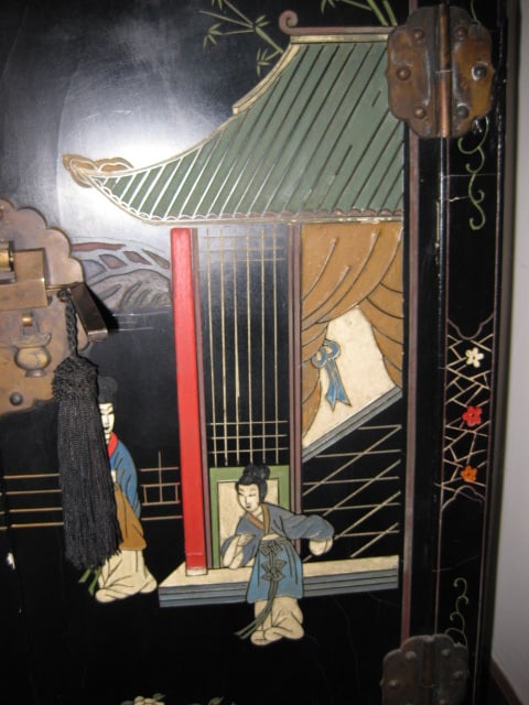 Handpainted Chinoiserie 2 Door Cabinet with Brass Chinese Lock - 8
