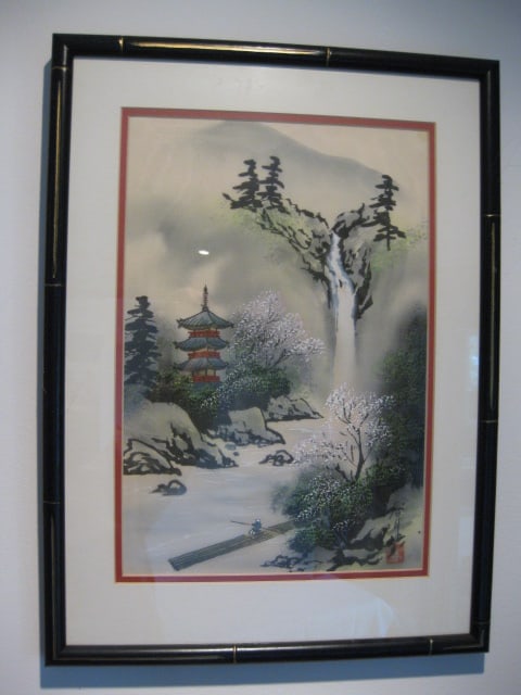 Signed Handpainted Chinese Fabric Panel: Framed and matted 14 1/2" x 20"