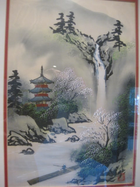 Signed Handpainted Chinese Fabric Panel - 2
