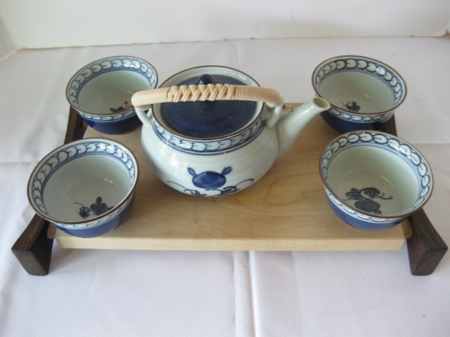 Chinese Porcelain Tea Set with Wooden Serving Tray - 2