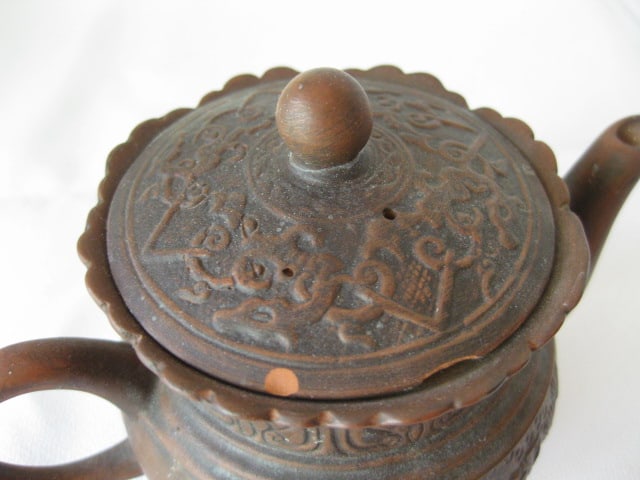 Lacquered Chinese Serving Tray and Brown Clay Tea Set - 11