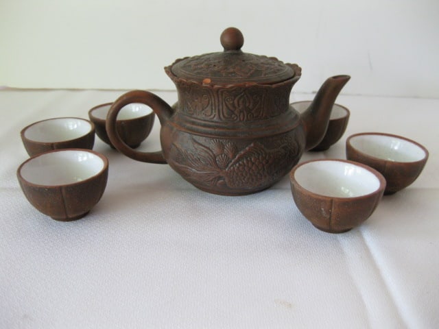 Lacquered Chinese Serving Tray and Brown Clay Tea Set - 6