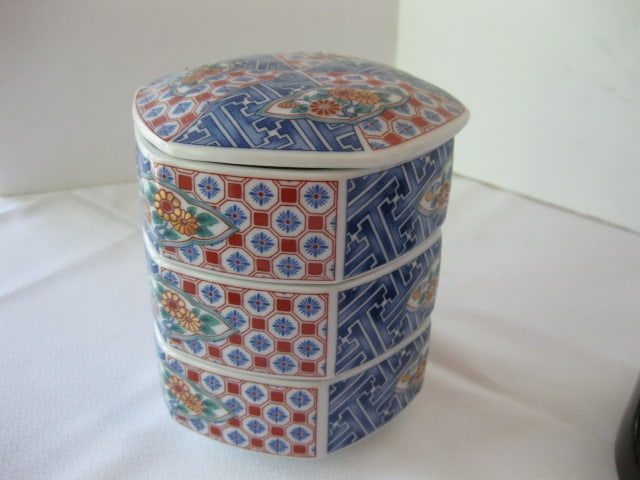Chinese Porcelain Stacking Trinket Box Set with Wood Holder - 3
