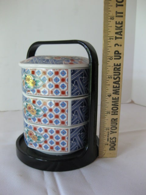 Chinese Porcelain Stacking Trinket Box Set with Wood Holder - 9