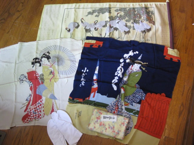 Chinese Silk Fabric Panel, Scarves and Geisha Shoes: .