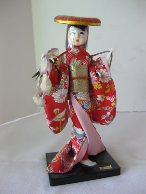 Handpainted Porcelain Geisha Figures, Handpainted Fabric Woman and - 2