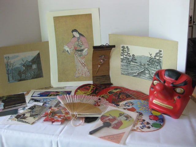 Paper Mache Noir Mask, Chinese Hand Fans and Unframed Artwork: .