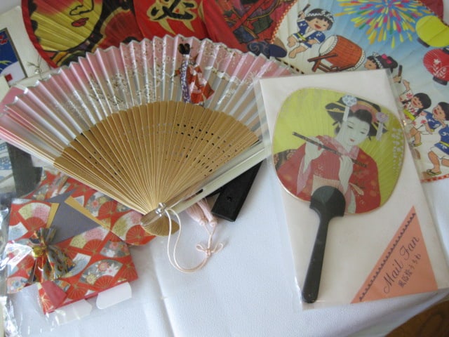 Paper Mache Noir Mask, Chinese Hand Fans and Unframed Artwork - 3