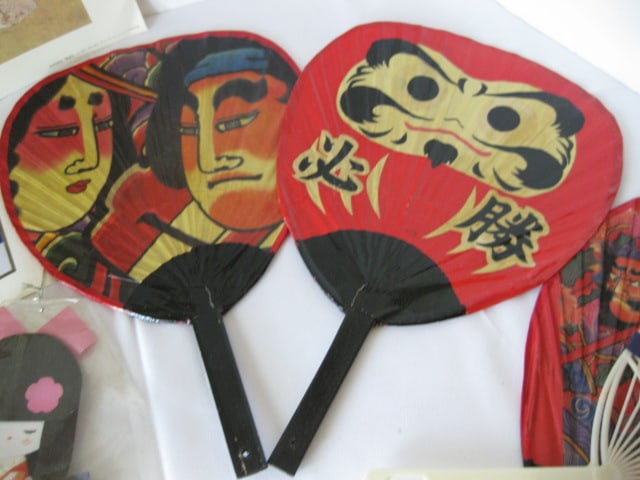 Paper Mache Noir Mask, Chinese Hand Fans and Unframed Artwork - 7