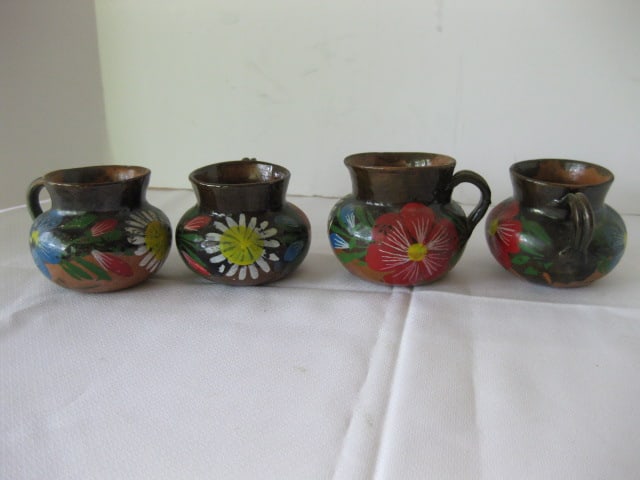 Four Handpainted Red Clay Cups - 3