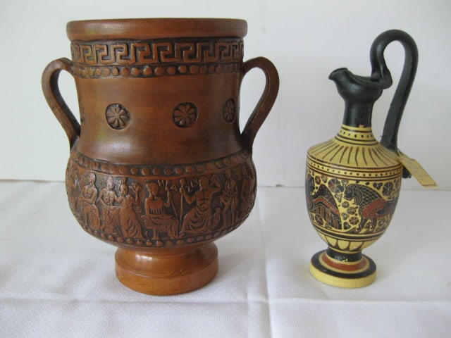 Greek Pottery Urn and Miniature Olive Oil Jug: Urn 6 1/4"h, Jug 6"h