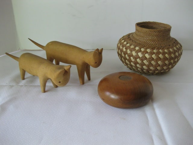 Two Hand Carved Wood Cats, Woven Basket and Wood Bermuda Coin Inlaid Paperweight (1 of 10)