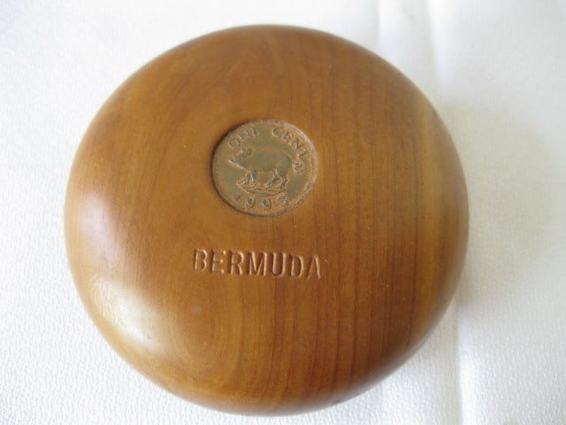 Two Hand Carved Wood Cats, Woven Basket and Wood Bermuda Coin Inlaid Paperweight - 2
