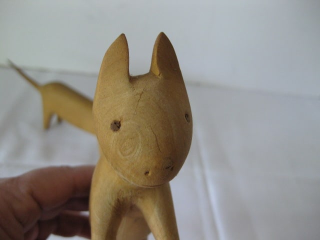 Two Hand Carved Wood Cats, Woven Basket and Wood Bermuda Coin Inlaid Paperweight - 8