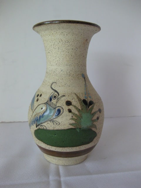 Signed Handpainted Turned Pottery Vase: 6 1/2"h
