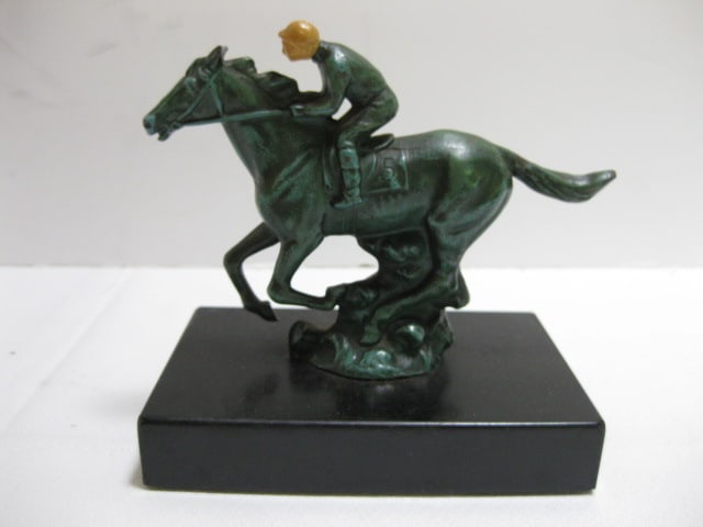 Handpainted Cast Metal Racing Horse and Jockey Statue: 5"h