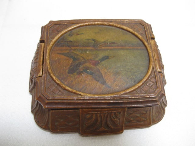 Vintage Carved Resin Trinket Box with Mallard Decal Top - 2