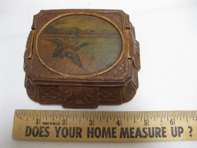 Vintage Carved Resin Trinket Box with Mallard Decal Top - 6