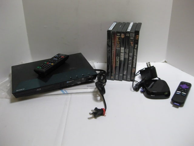 Sony BDP-S3100 Blu-Ray Player with Remote, Roku 2 Streaming Device with Remote: and Action/Drama DVD Movies. Player powers on and has owner's manual