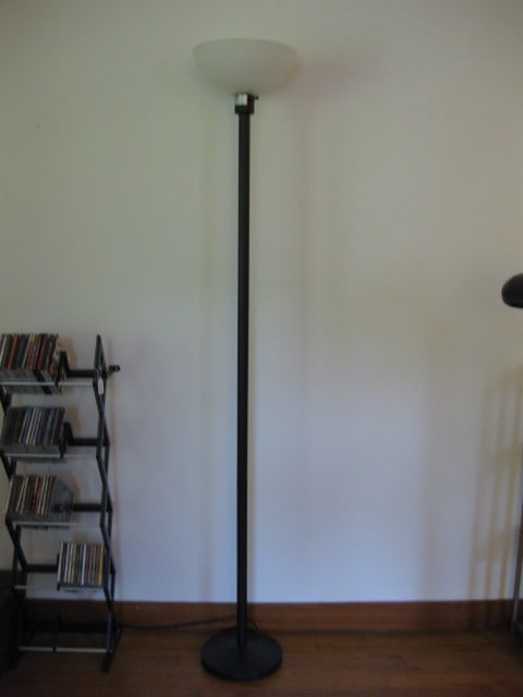 3-Way Black Torchiere Floor Lamp: 71"h, satin glass shade, Local Pickup Only