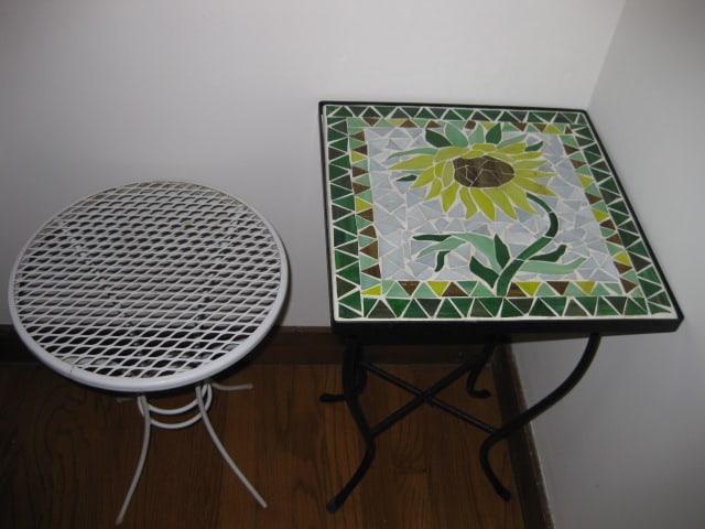 Round White Metal Mesh Side Table and Sunflower Mosaic Tile Top Side Table - 2