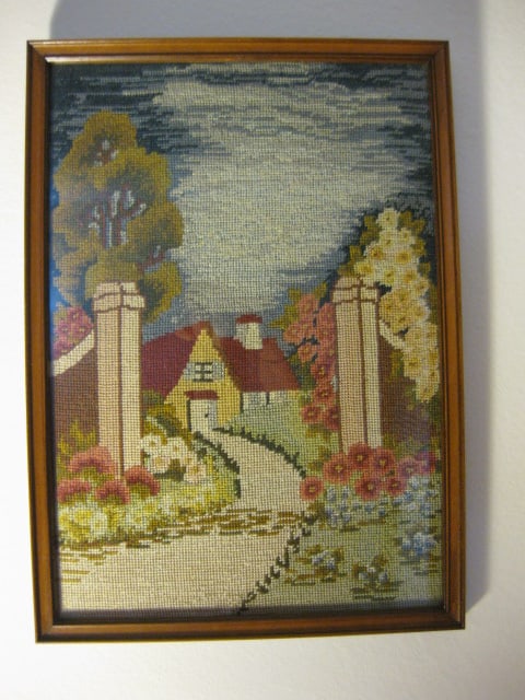 Framed Cottage Needlepoint: 7 1/2" x 10 1/2"