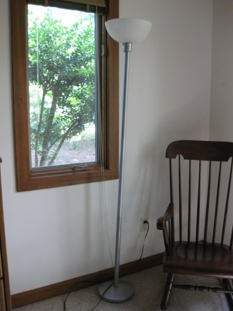 3-Way Grey Metal Torchiere Floor Lamp with Frosted Slag Glass Shade: 71"h, Local Pickup Only