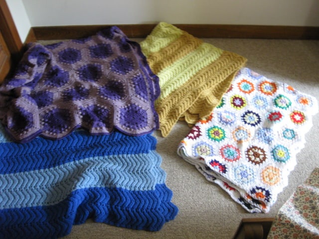 Three Hand Crafted Afghan Throws and Crocheted Lace Coverlet: .